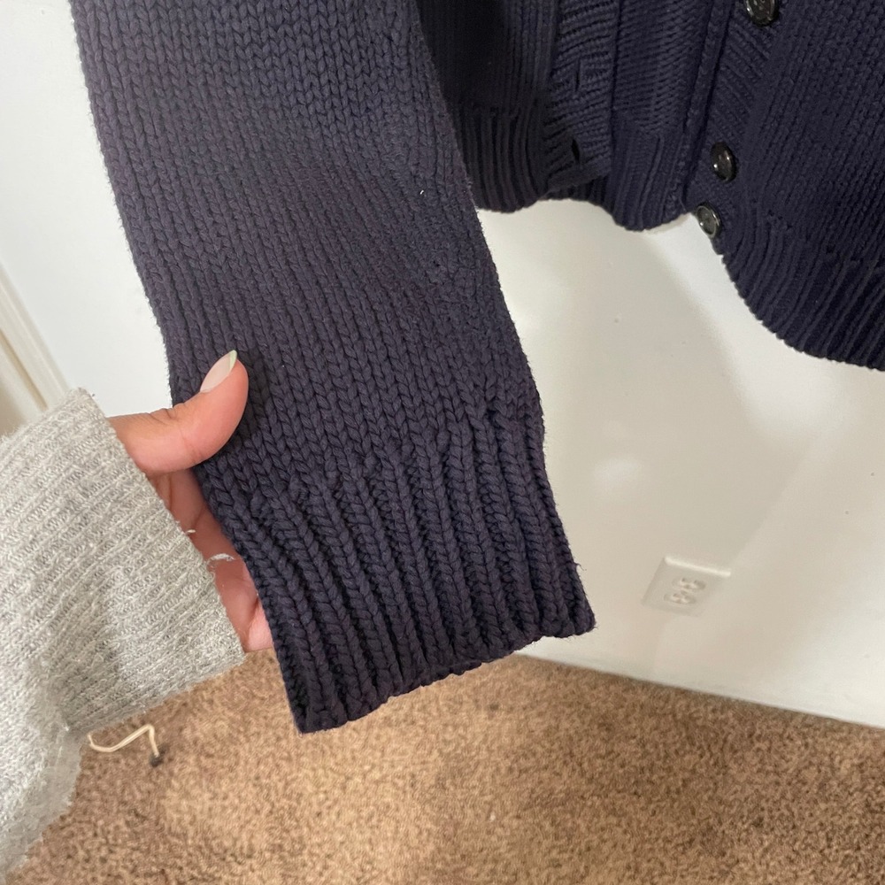 Lands End Navy Blue Chunky Knit Mock Neck Button Front Cardigan Sweater Womens S - Picture 4 of 7
